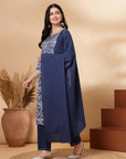 Paisley Printed Straight Cambric Kurta Set with Thread Embroidery and Laced Dupatta
