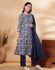 Paisley Printed Straight Cambric Kurta Set with Thread Embroidery and Laced Dupatta