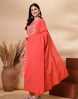 Paisley Printed Straight Cambric Kurta Set with Thread Embroidery and Laced Dupatta