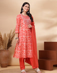 Paisley Printed Straight Cambric Kurta Set with Thread Embroidery and Laced Dupatta