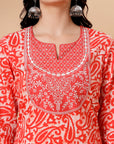 Paisley Printed Straight Cambric Kurta Set with Thread Embroidery and Laced Dupatta