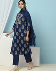 Solid Embroidered Cotton Calf Length Kurta Set with Dupatta for Women
