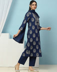 Solid Embroidered Cotton Calf Length Kurta Set with Dupatta for Women