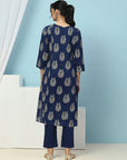 Solid Embroidered Cotton Calf Length Kurta Set with Dupatta for Women