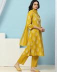 Solid Embroidered Cotton Calf Length Kurta Set with Dupatta for Women