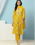 Solid Embroidered Cotton Calf Length Kurta Set with Dupatta for Women