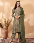 Floral Printed A-Line Viscose Kurta Set with Zari Embroidery & Dupatta