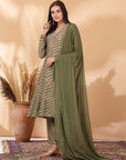 Floral Printed A-Line Viscose Kurta Set with Zari Embroidery & Dupatta