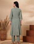 Solid A-Line Cotton Linen Kurta with Thread Embroidery and Palazzo Set
