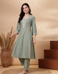 Solid A-Line Cotton Linen Kurta with Thread Embroidery and Palazzo Set