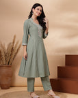 Solid A-Line Cotton Linen Kurta with Thread Embroidery and Palazzo Set