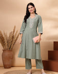 Solid A-Line Cotton Linen Kurta with Thread Embroidery and Palazzo Set