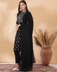 Abstract Printed Straight Cotton Cambric Kurta Set with Thread Embroidery & Laced Dupatta
