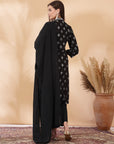 Abstract Printed Straight Cotton Cambric Kurta Set with Thread Embroidery & Laced Dupatta