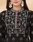 Abstract Printed Straight Cotton Cambric Kurta Set with Thread Embroidery & Laced Dupatta