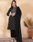 Abstract Printed Straight Cotton Cambric Kurta Set with Thread Embroidery & Laced Dupatta