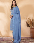 Abstract Printed Straight Cotton Cambric Kurta Set with Thread Embroidery & Laced Dupatta