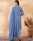 Abstract Printed Straight Cotton Cambric Kurta Set with Thread Embroidery & Laced Dupatta