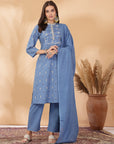 Abstract Printed Straight Cotton Cambric Kurta Set with Thread Embroidery & Laced Dupatta