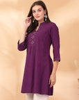 Solid A-Line Cotton Linen Kurti with Embroidered Detail
