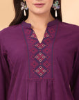 Solid A-Line Cotton Linen Kurti with Embroidered Detail