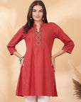 Solid A-Line Cotton Linen Kurti with Embroidered Detail