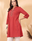 Solid A-Line Cotton Linen Kurti with Embroidered Detail