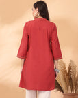 Solid A-Line Cotton Linen Kurti with Embroidered Detail