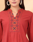 Solid A-Line Cotton Linen Kurti with Embroidered Detail