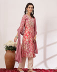 Floral Printed Straight Modal Chanderi Kurta Set with Zari Embroidery & Dupatta
