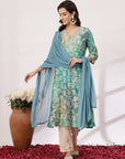 Floral Printed Straight Modal Chanderi Kurta Set with Zari Embroidery & Dupatta