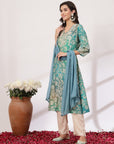 Floral Printed Straight Modal Chanderi Kurta Set with Zari Embroidery & Dupatta