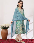 Floral Printed Straight Modal Chanderi Kurta Set with Zari Embroidery & Dupatta