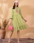 Solid Flared Cotton & Schiffli Dress with Ethnic Embroidery