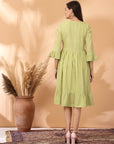 Solid Flared Cotton & Schiffli Dress with Ethnic Embroidery