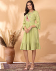 Solid Flared Cotton & Schiffli Dress with Ethnic Embroidery