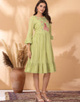 Solid Flared Cotton & Schiffli Dress with Ethnic Embroidery