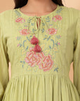 Solid Flared Cotton & Schiffli Dress with Ethnic Embroidery