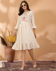 Solid Flared Cotton & Schiffli Dress with Ethnic Embroidery