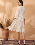 Solid Flared Cotton & Schiffli Dress with Ethnic Embroidery