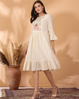 Solid Flared Cotton & Schiffli Dress with Ethnic Embroidery