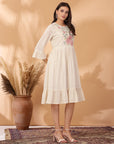 Solid Flared Cotton & Schiffli Dress with Ethnic Embroidery