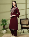 Solid Rayon Crinkle Kurta Set with Thread Embroidery
