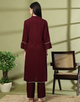 Solid Rayon Crinkle Kurta Set with Thread Embroidery