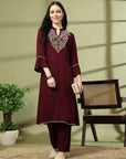 Solid Rayon Crinkle Kurta Set with Thread Embroidery