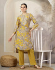 Floral Printed A-Line High Low Chanderi Kurta Set with Embroidery