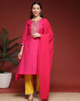 Solid A-Line Modal Chanderi Kurta with Zari Embroidery & Dupatta