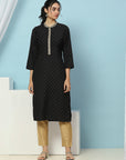 Floral Printed Silk Blend Kurta with Zari Embroidery & Button Placket