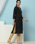 Floral Printed Silk Blend Kurta with Zari Embroidery & Button Placket