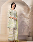 Printed Cotton Flared Kurta Set with Dupatta for Women